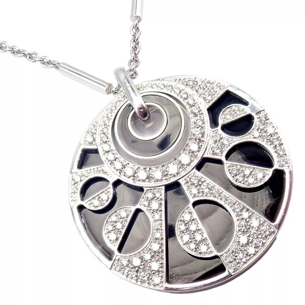 Authentic Bvlgari Bulgari Intarsio 18k White Gold 5ctw Diamond Onyx 18" Necklace